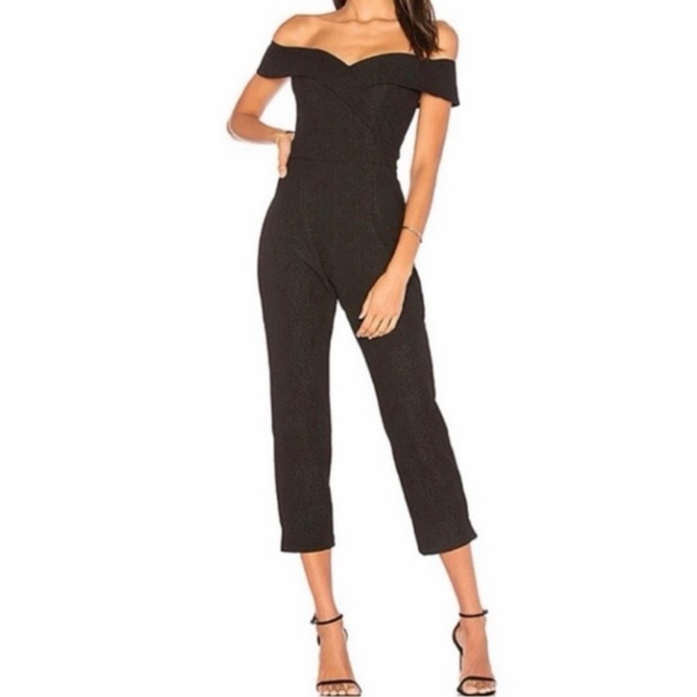 Bardot Off shoulder snake Embossed fitted bodice  Black Jumpsuit v-neck 10